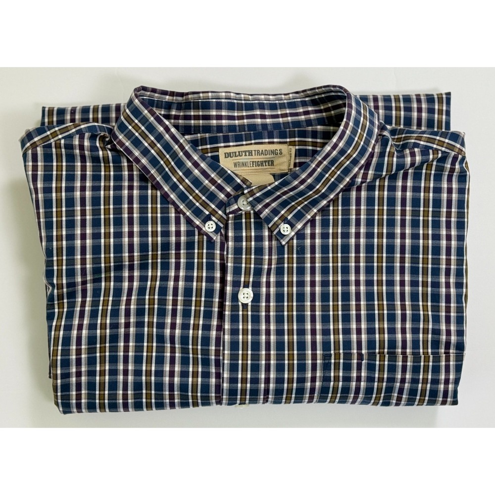 Duluth Trading Co WrinkleFighter Shirt 2XL Relaxed Fit Blue Plaid Cotton Long Sl